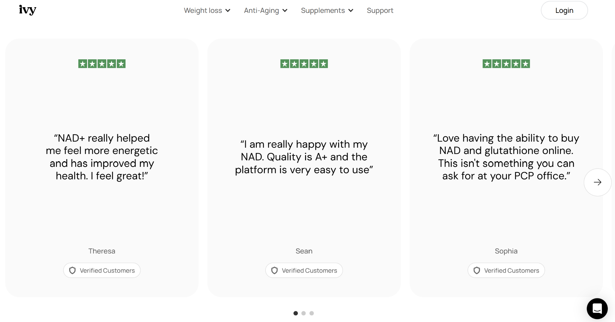 Screenshot of Ivy Rx customer testimonials highlighting positive experiences with NAD+ therapy, an easy-to-use platform, and convenient online access to NAD+ and glutathione.
