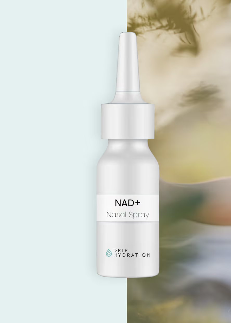 Bottle of Drip Hydration NAD+ nasal spray, featuring a metered nasal spray designed for convenient NAD+ delivery.