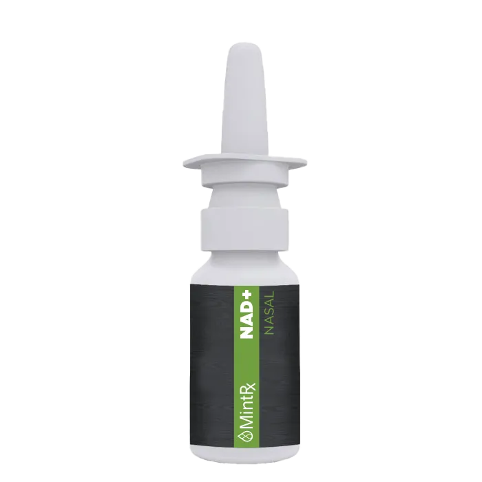 Bottle of MintRx NAD+ nasal spray in a compact metered spray bottle designed for convenient intranasal NAD+ delivery.