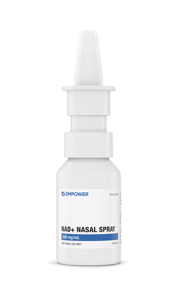 Bottle of Empower Pharmacy NAD+ nasal spray, delivering 30 mg/mL nicotinamide adenine dinucleotide in a metered nasal spray bottle.