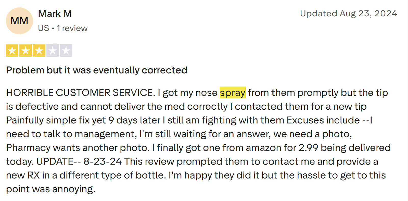 MintRR NAD+ Three-star customer review from Mark M describing an issue with a defective nasal spray bottle, delayed customer service, and a replacement that resolved the problem.