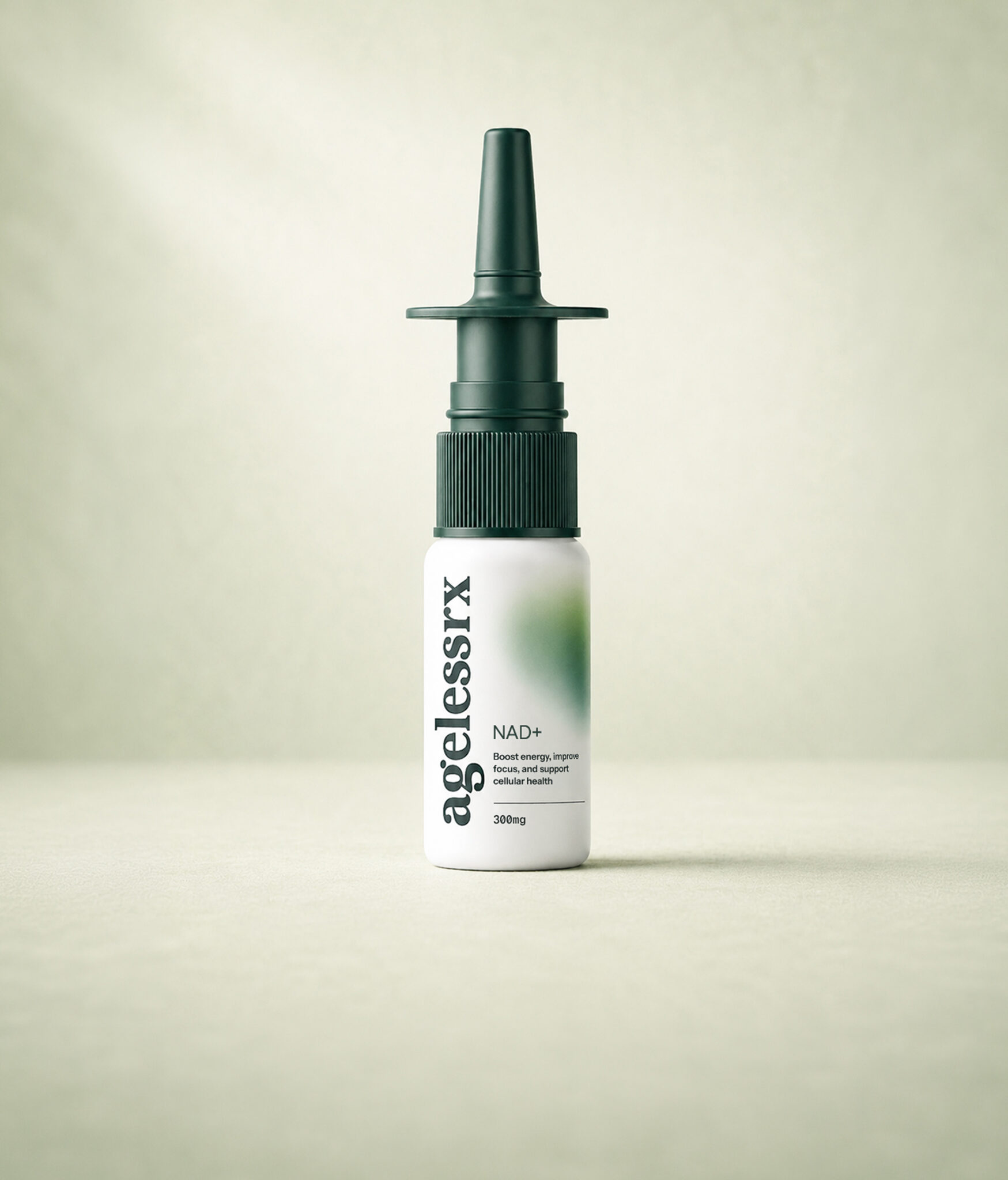 Bottle of AgelessRx NAD+ nasal spray in a metered spray bottle designed for convenient intranasal nicotinamide adenine dinucleotide delivery.