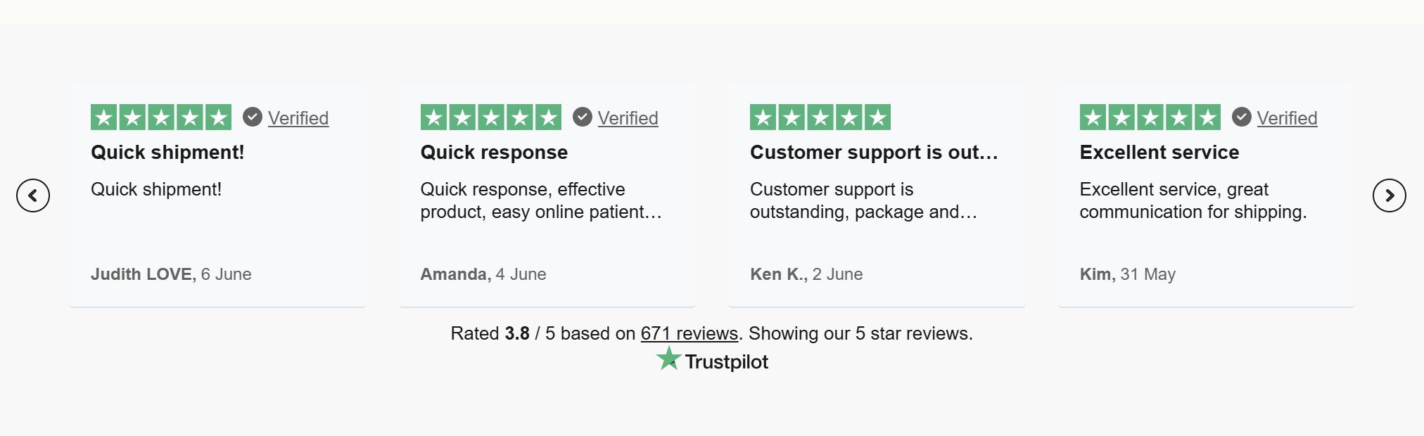 Screenshot of Trustpilot reviews highlighting positive customer feedback on shipping, customer support, communication, and overall service quality.