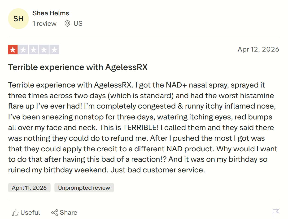One-star customer review describing a negative experience with AgelessRx NAD+ nasal spray, reporting severe nasal irritation, allergy-like symptoms, and dissatisfaction with customer service.