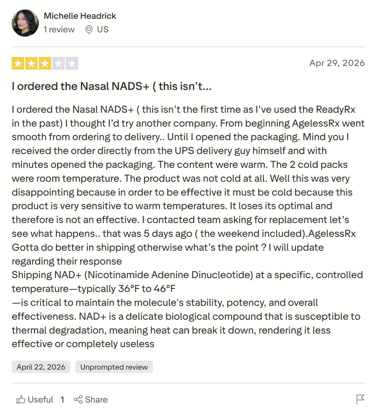 Three-star customer review describing concerns about AgelessRx NAD+ nasal spray shipping temperatures and product handling during delivery.