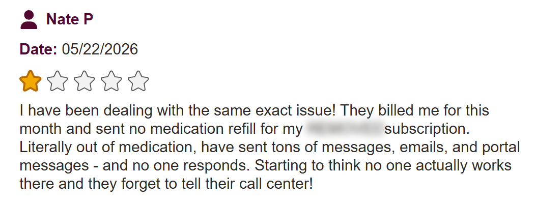 One-star customer review from Nate P describing a missing medication refill, billing issues, and unresponsive customer support.