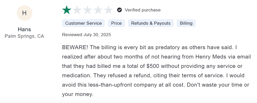One-star verified customer review from Hans describing billing concerns, a $500 charge without receiving services or medication, and a denied refund.