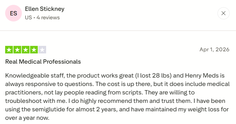 Four-star customer review from Ellen Stickney praising Henry Meds for knowledgeable staff, responsive support, medical professionals, and positive semaglutide weight loss results.