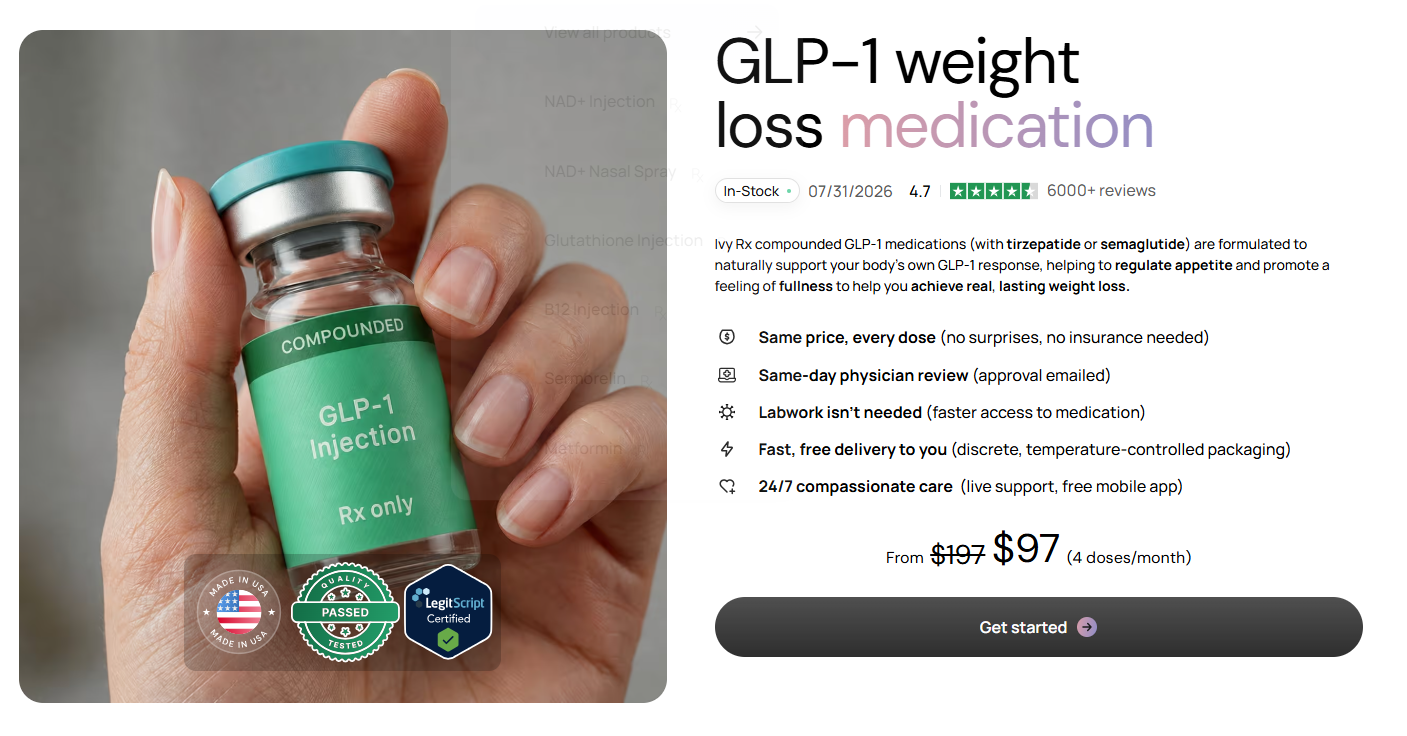 Ivy Rx GLP-1 weight loss medication vial with product details, pricing, and benefits for compounded semaglutide or tirzepatide.