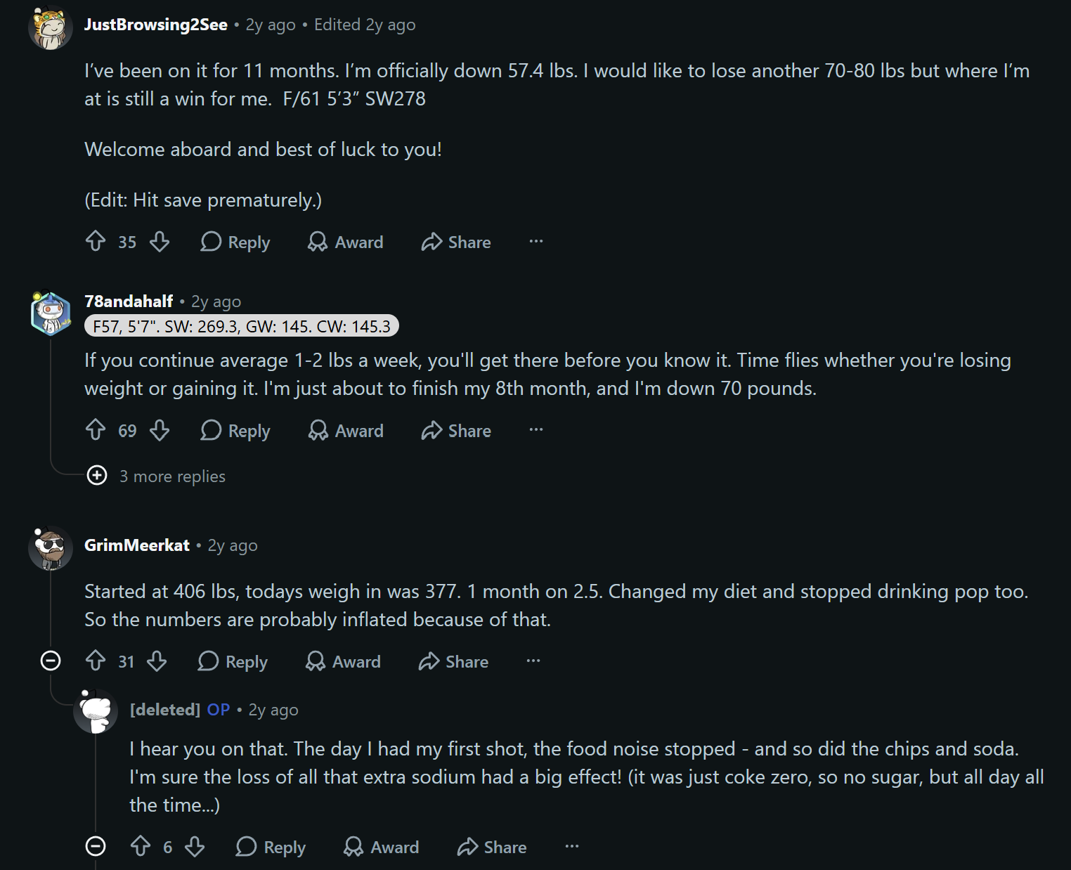 Reddit discussion about users sharing their weight loss progress and experiences with GLP-1 medication.