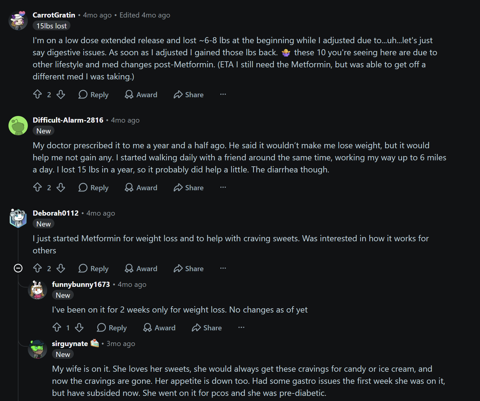 Reddit discussion about users sharing their experiences with metformin for weight loss, appetite control, cravings, and side effects.