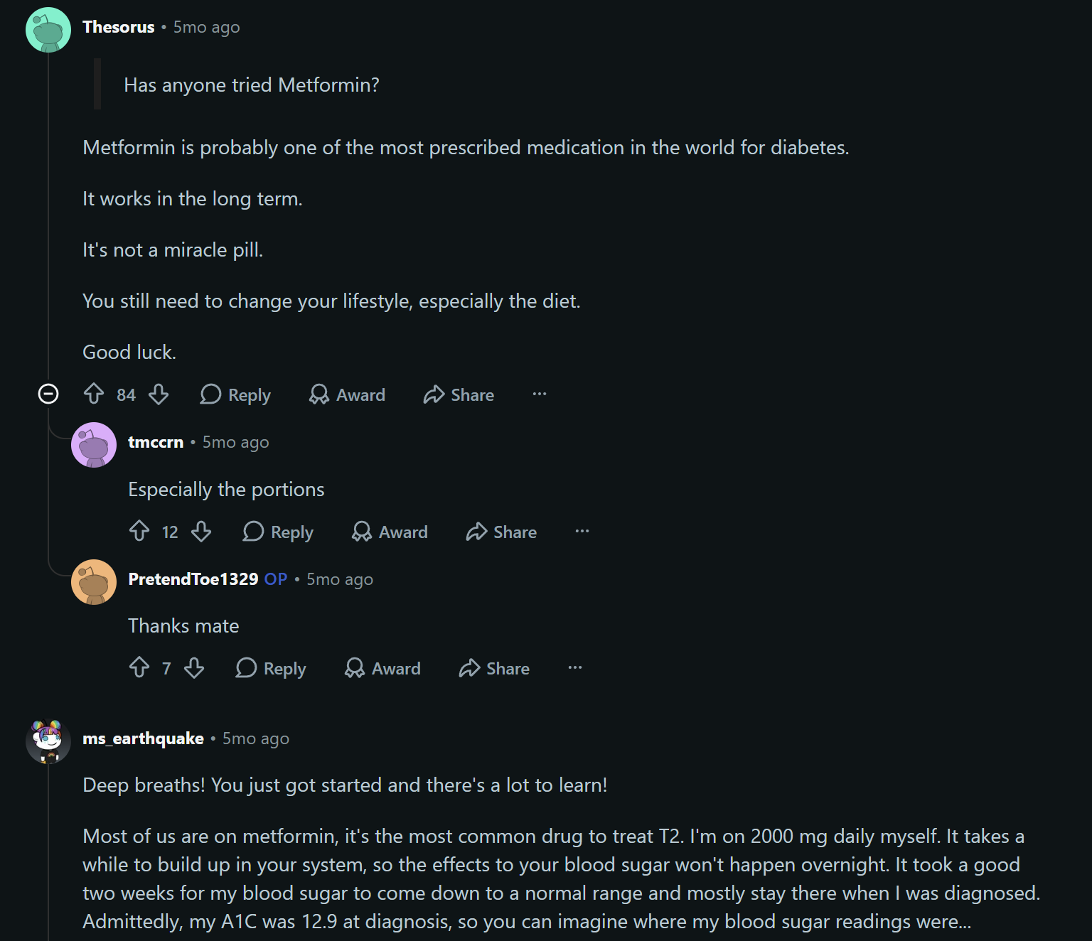 Reddit discussion about metformin, including its use for diabetes, the importance of lifestyle and diet changes, and how long it may take to affect blood sugar levels.