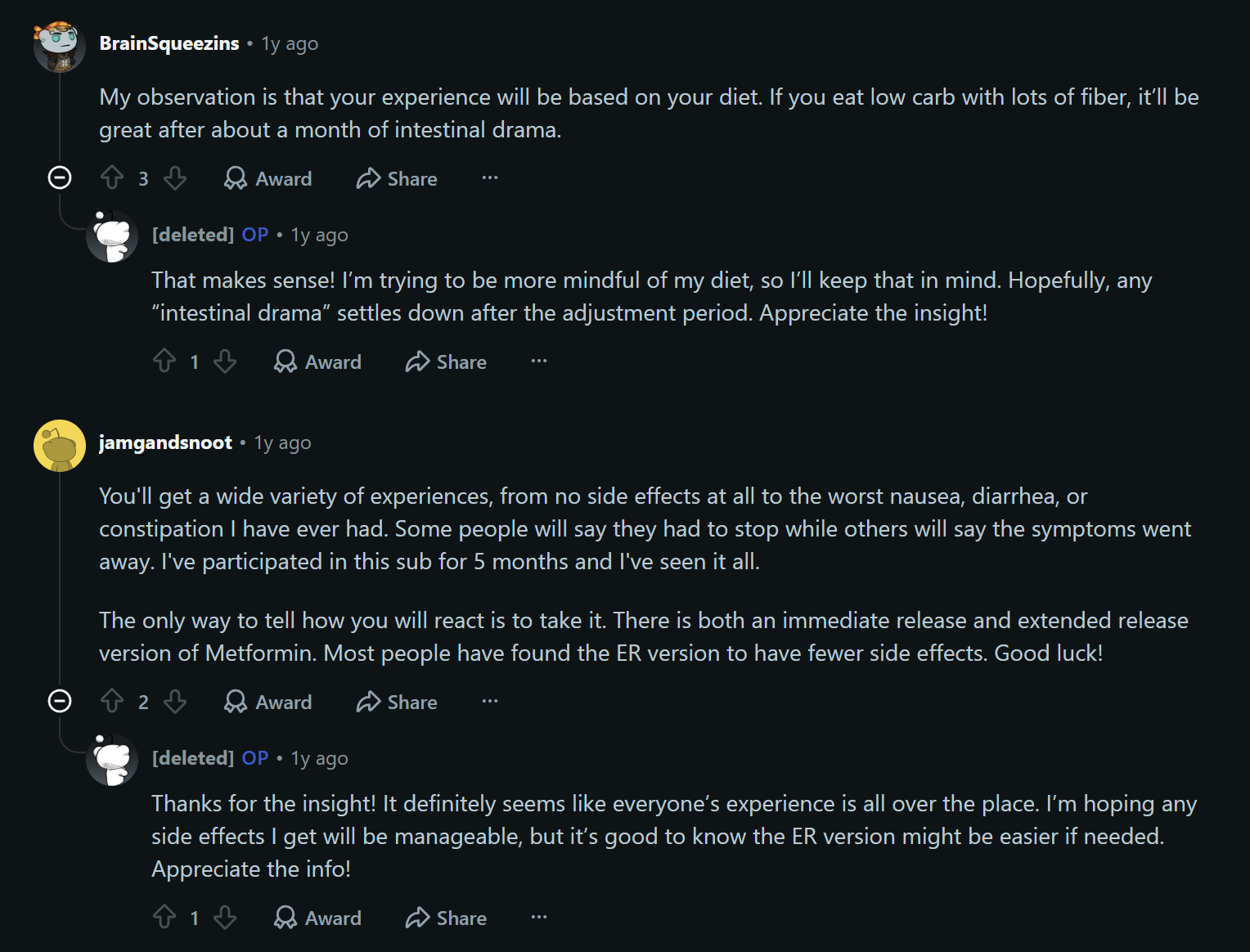 Reddit discussion about metformin side effects, including how diet may influence digestive symptoms and the differing experiences people have with immediate-release versus extended-release formulations.