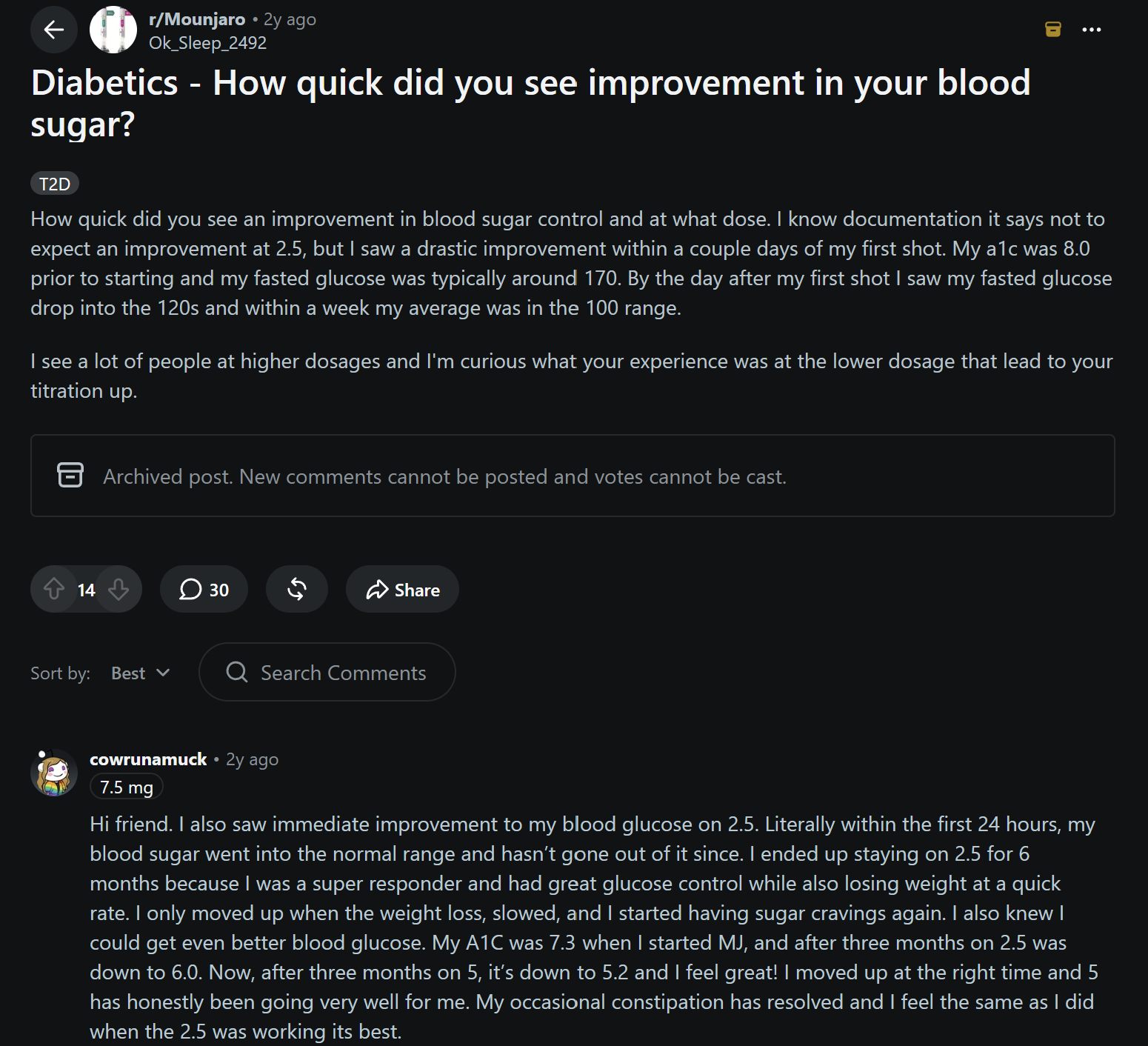 Reddit discussion about how quickly Mounjaro may affect blood sugar, with users sharing experiences of improved glucose levels within the first day or week and discussing different doses.