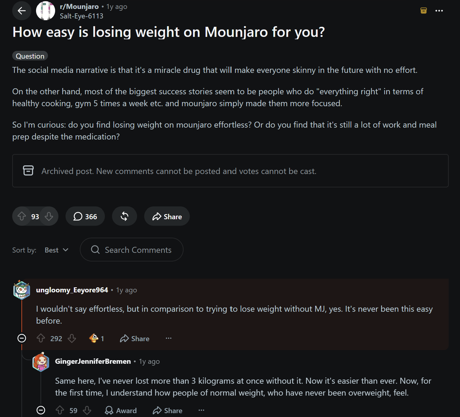 Reddit discussion about how easy or difficult it is to lose weight on Mounjaro, with users comparing their experiences before and after taking the medication.