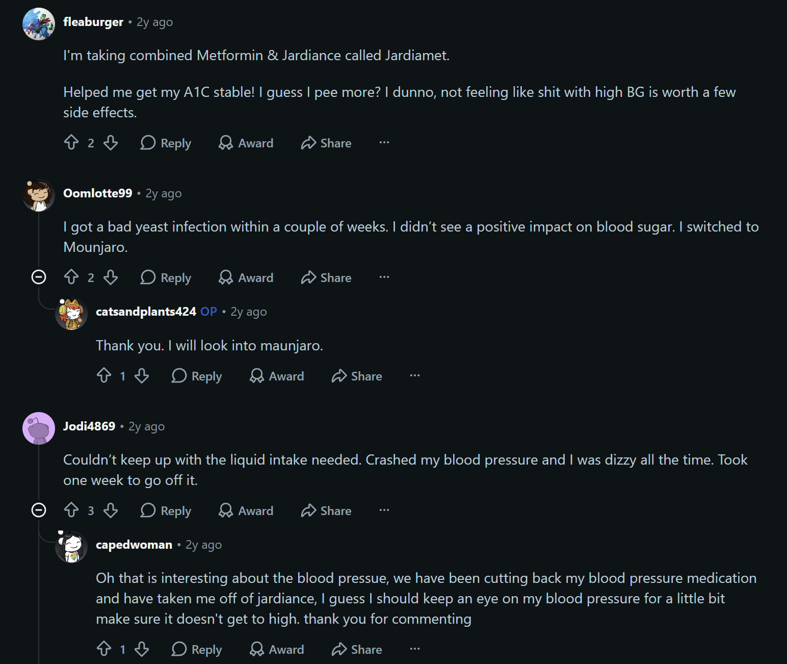A screenshot of online forum comments discussing experiences with diabetes medications.