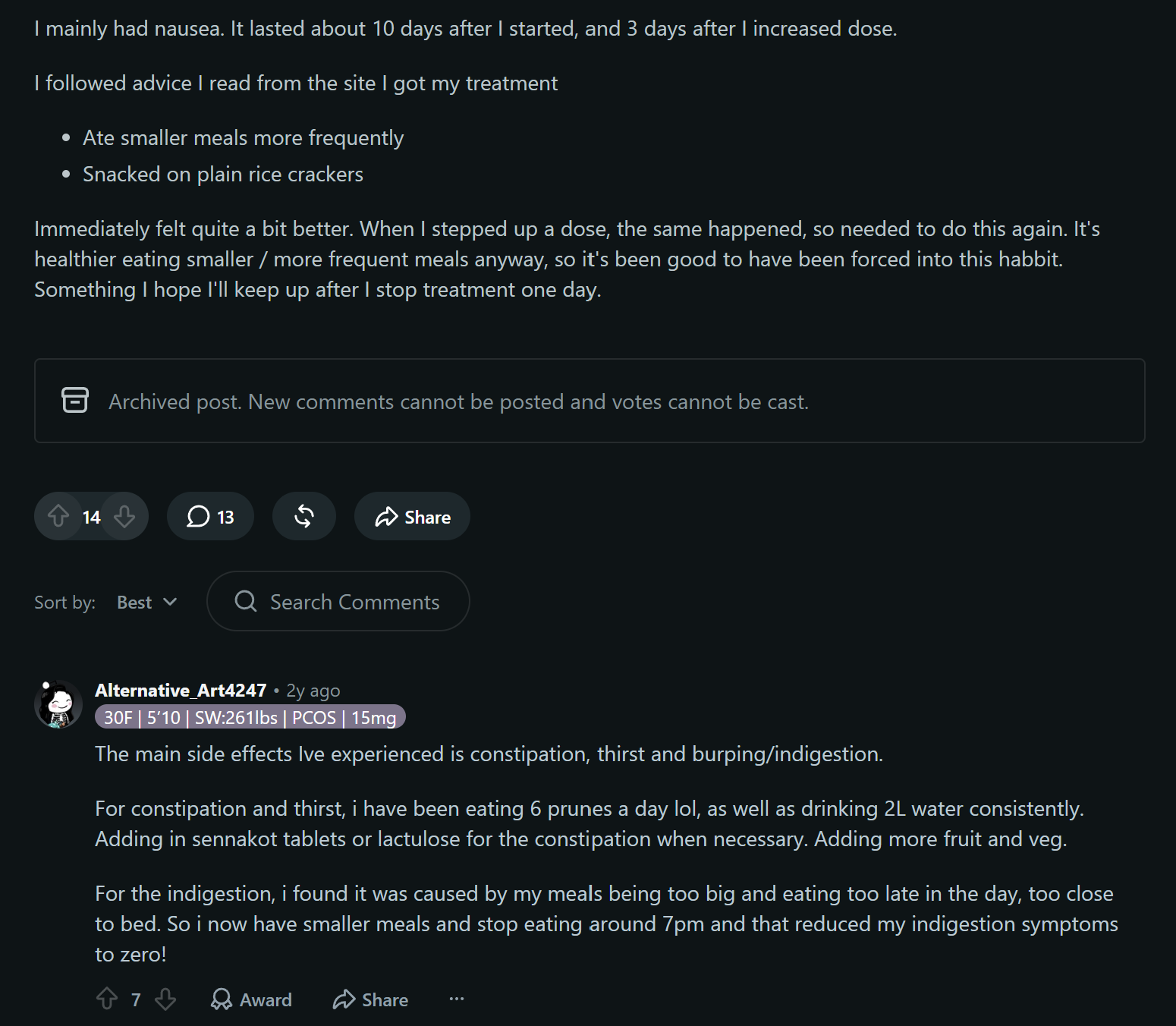Online forum post showing user tips for managing treatment side effects.