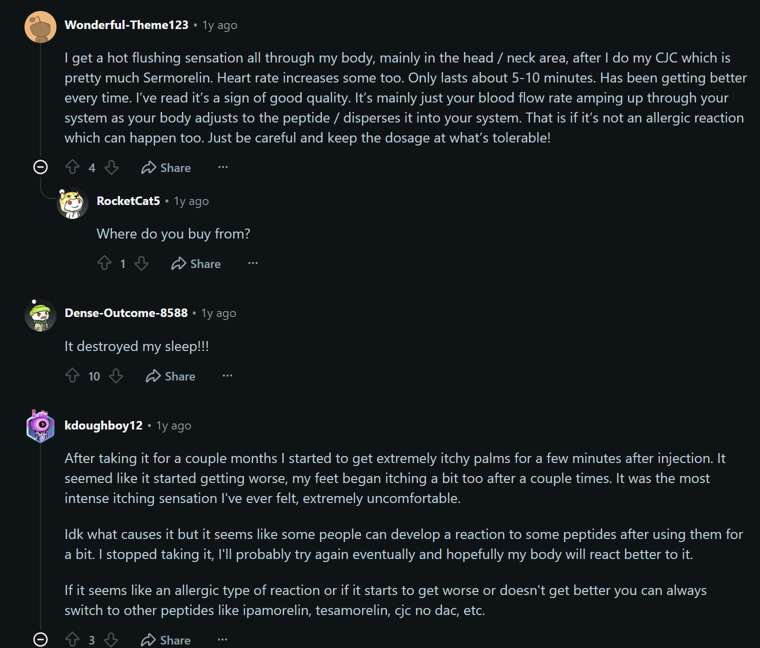 Forum thread discussing side effects of CJC and Sermorelin peptides.