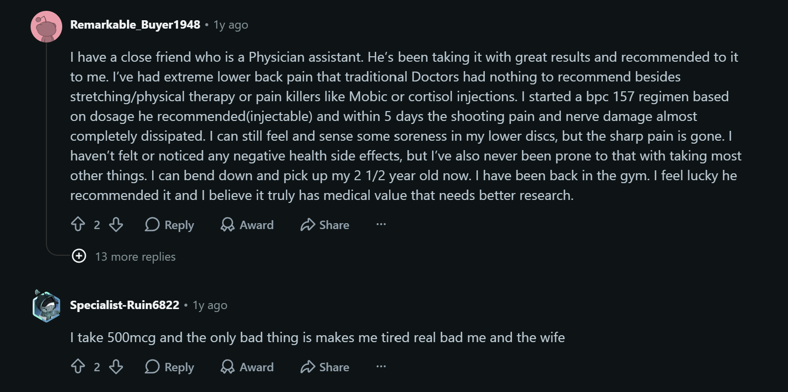 Forum comment sharing positive results using an injectable bpc 157 regimen for lower back pain