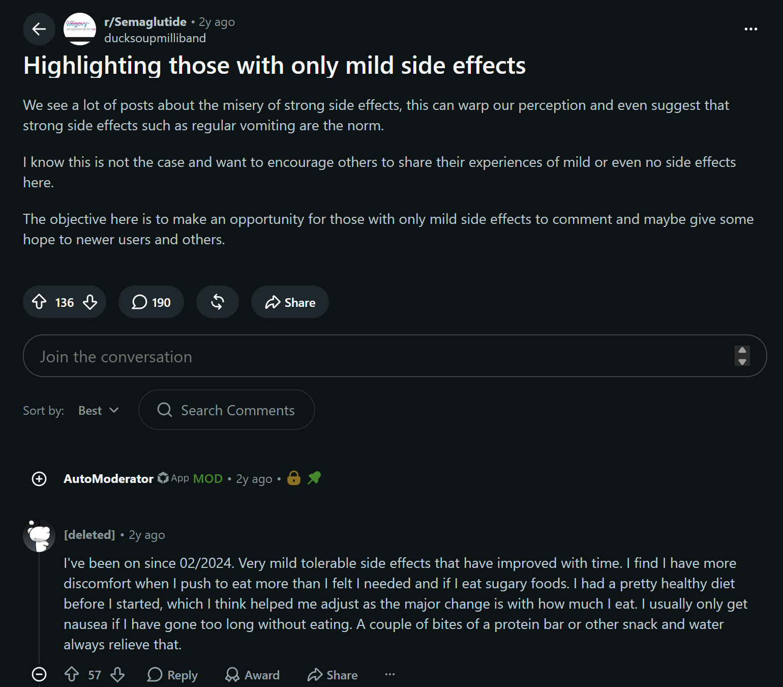 Screenshot of a community thread encouraging positive medication stories.