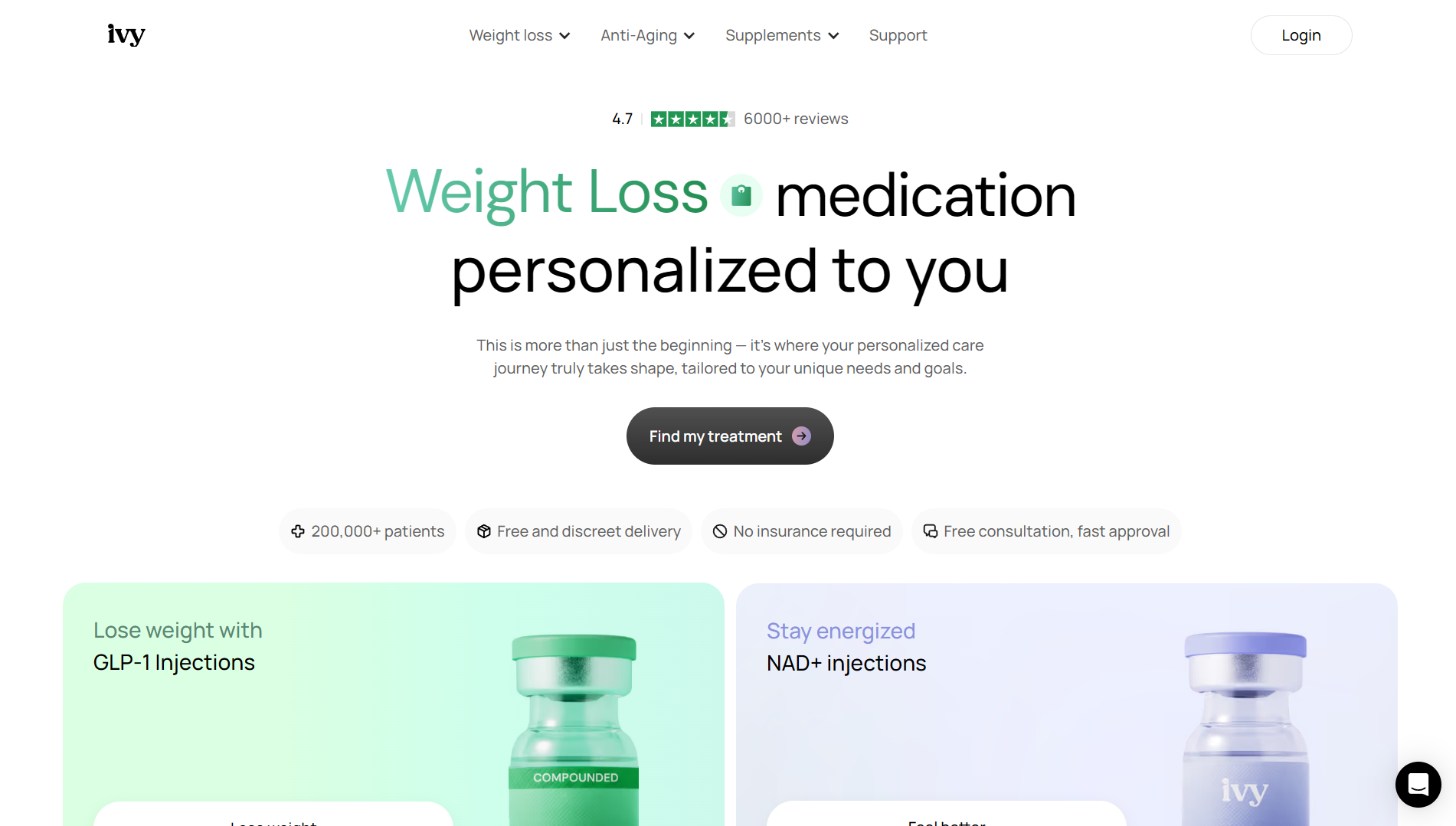 Ivy telehealth homepage for personalized weight loss and anti-aging medications.