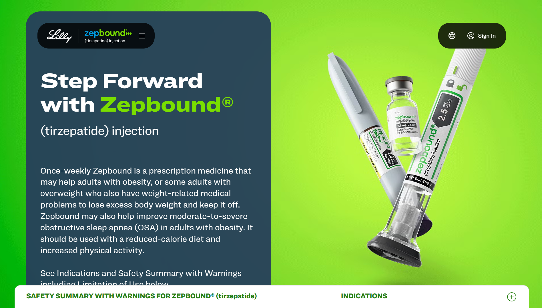 Lilly Zepbound medication website banner with injection pens.