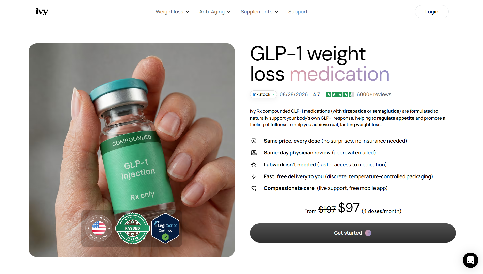 Ivy Rx compounded GLP-1 injection medicine vial, noted as prescription-only