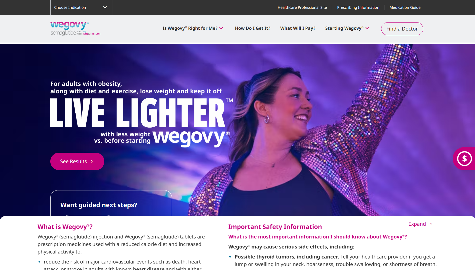 Official Wegovy website banner promoting semaglutide treatment.