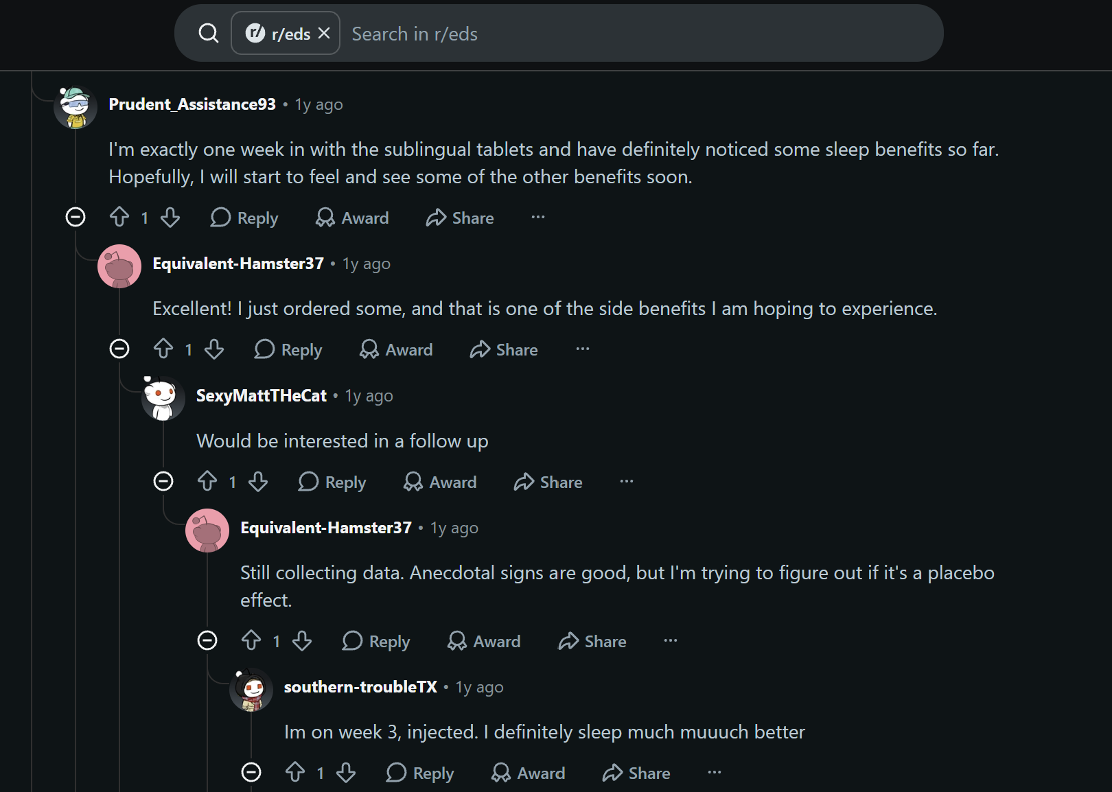 Reddit forum thread discussing sleep benefits from sublingual tablets.
