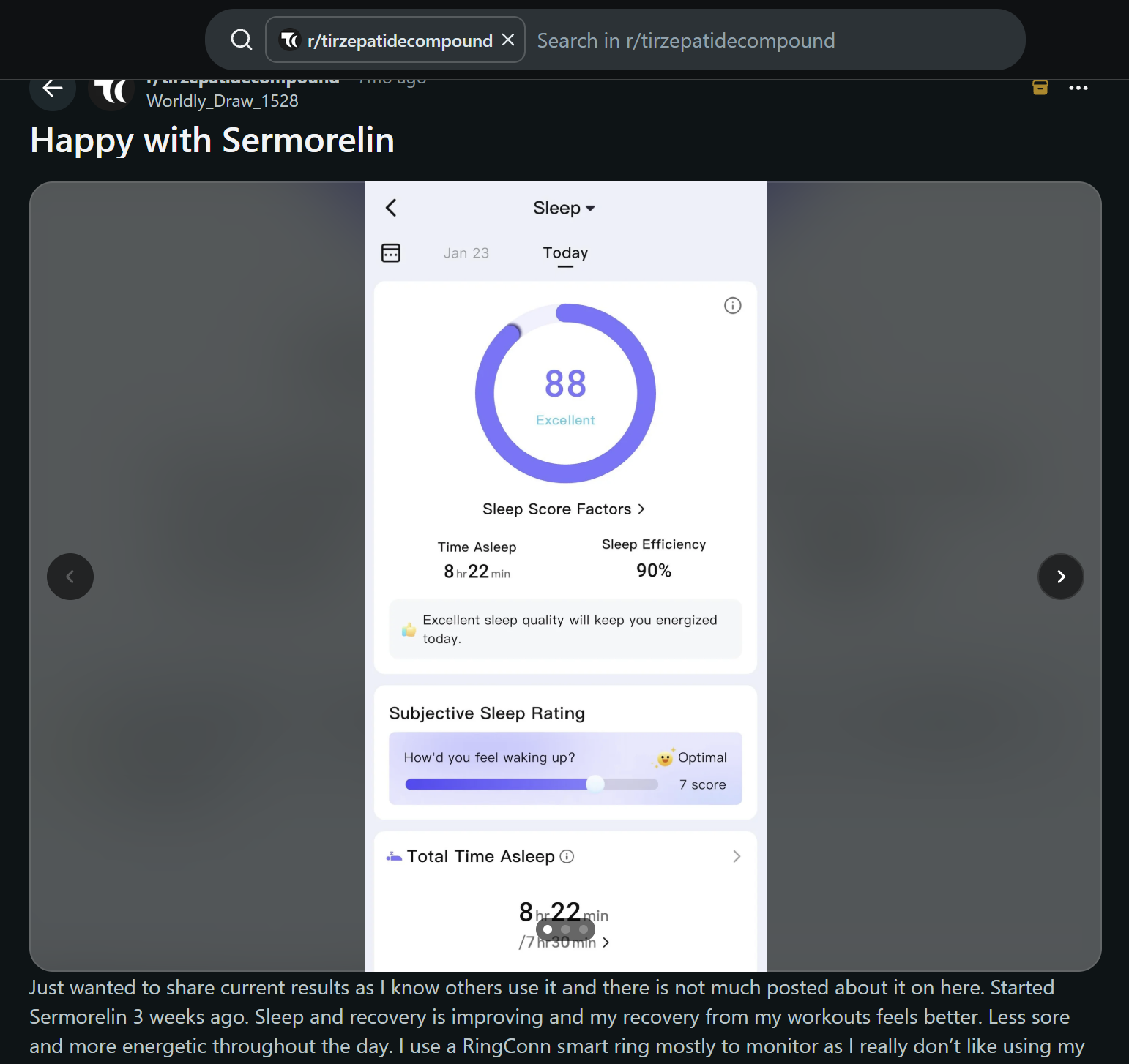 Reddit post showing a sleep tracking app interface and user results for Sermorelin.