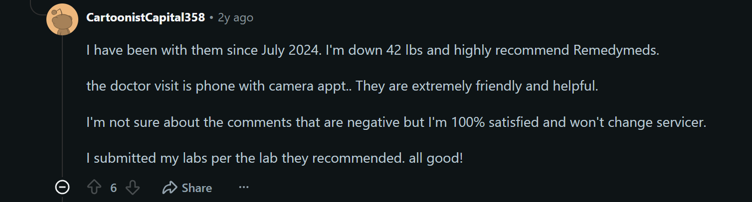 Reddit comment sharing a positive experience with RemedyMeds and a 42-pound weight loss.