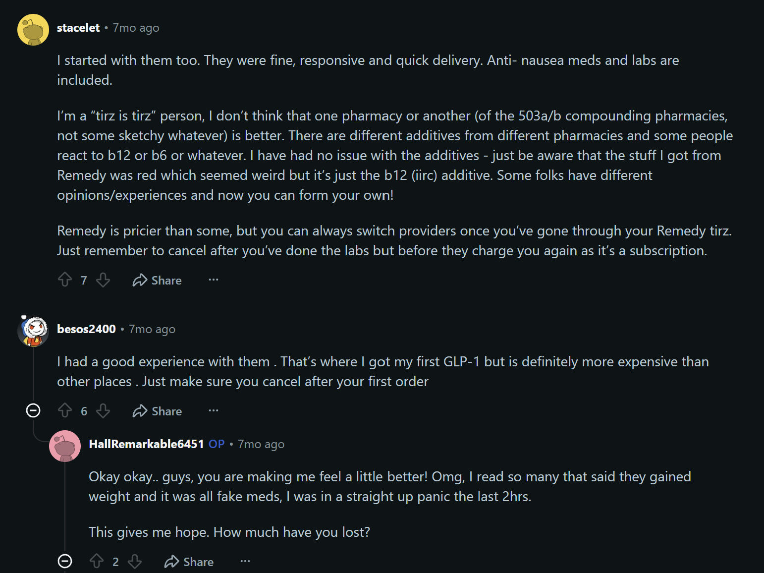 Reddit thread discussing user experiences with Remedy and compounding pharmacies.