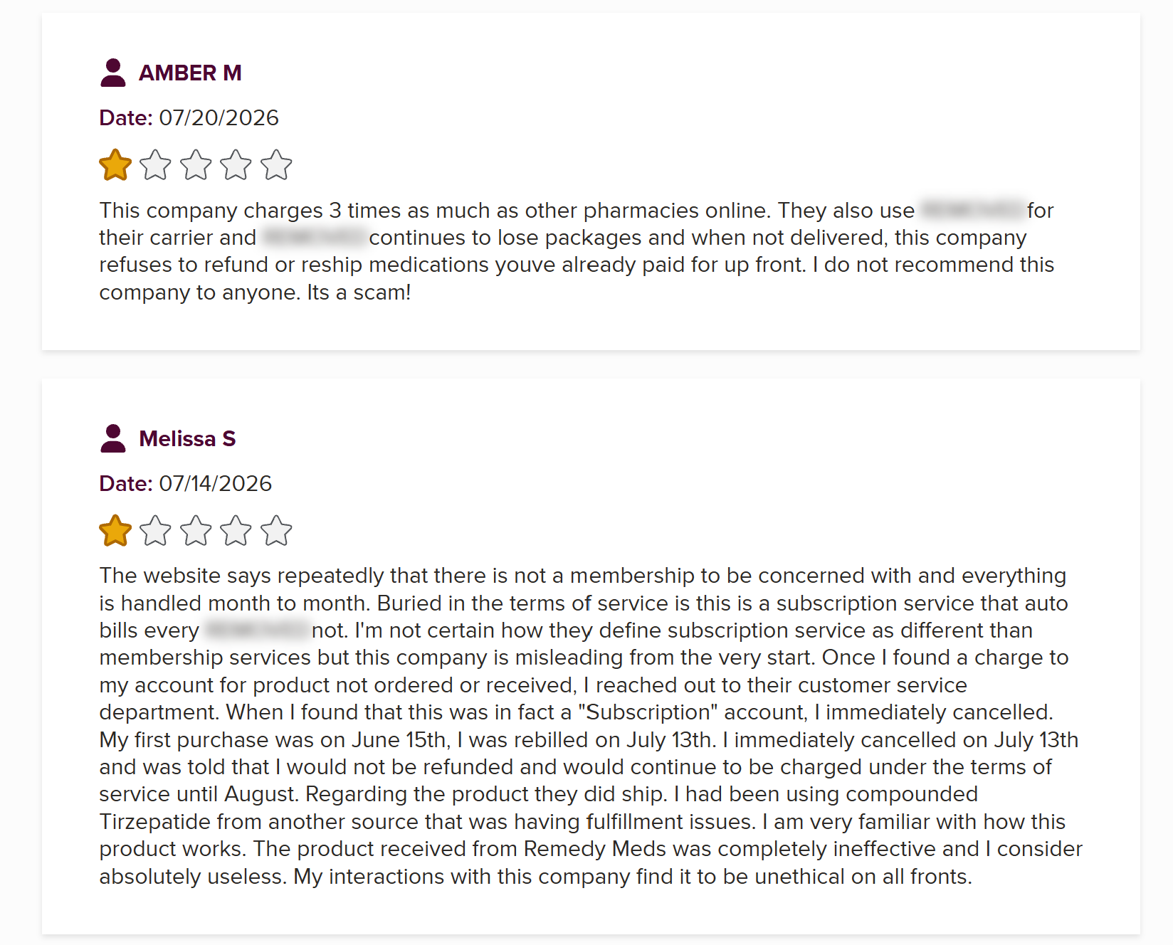 Screenshot of customer complaints regarding lost packages and unhelpful service.