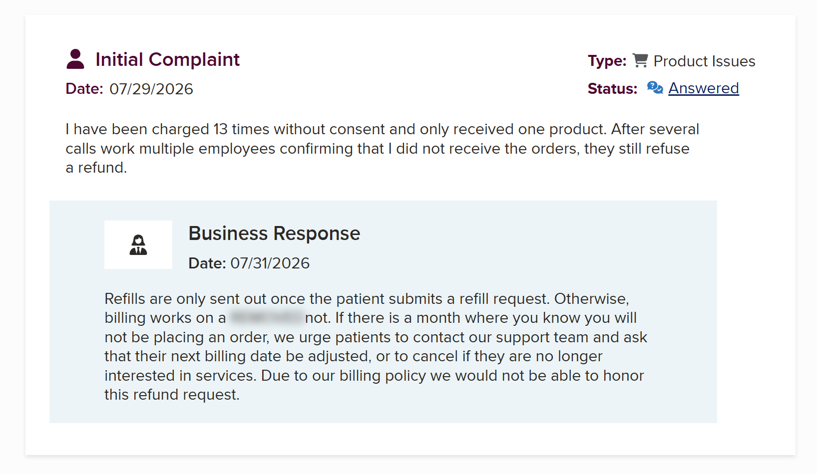 Screenshot of a consumer complaint and business response regarding unauthorized charges.