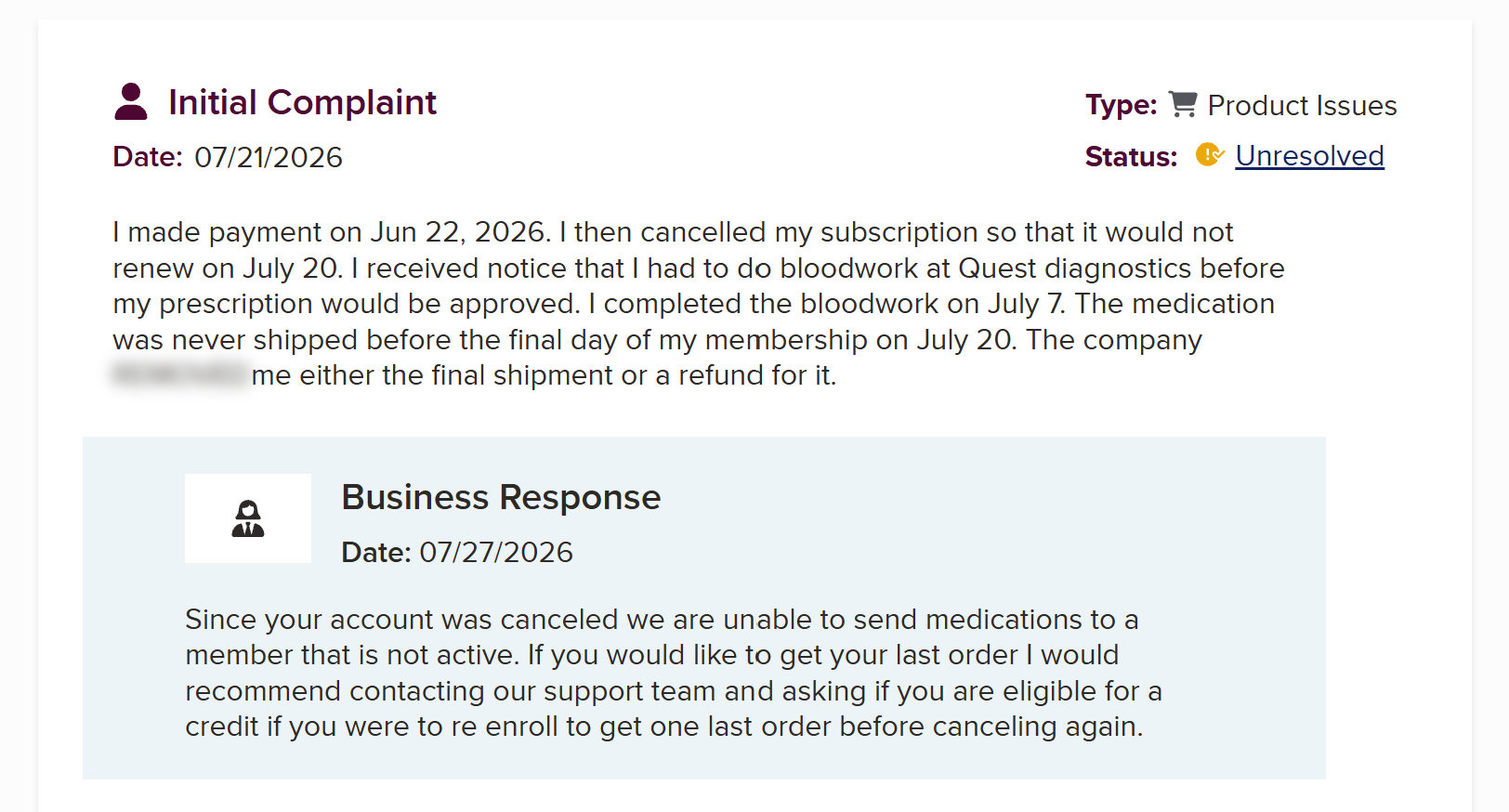 Screenshot of a consumer complaint and business response regarding a canceled subscription and unshipped medication.