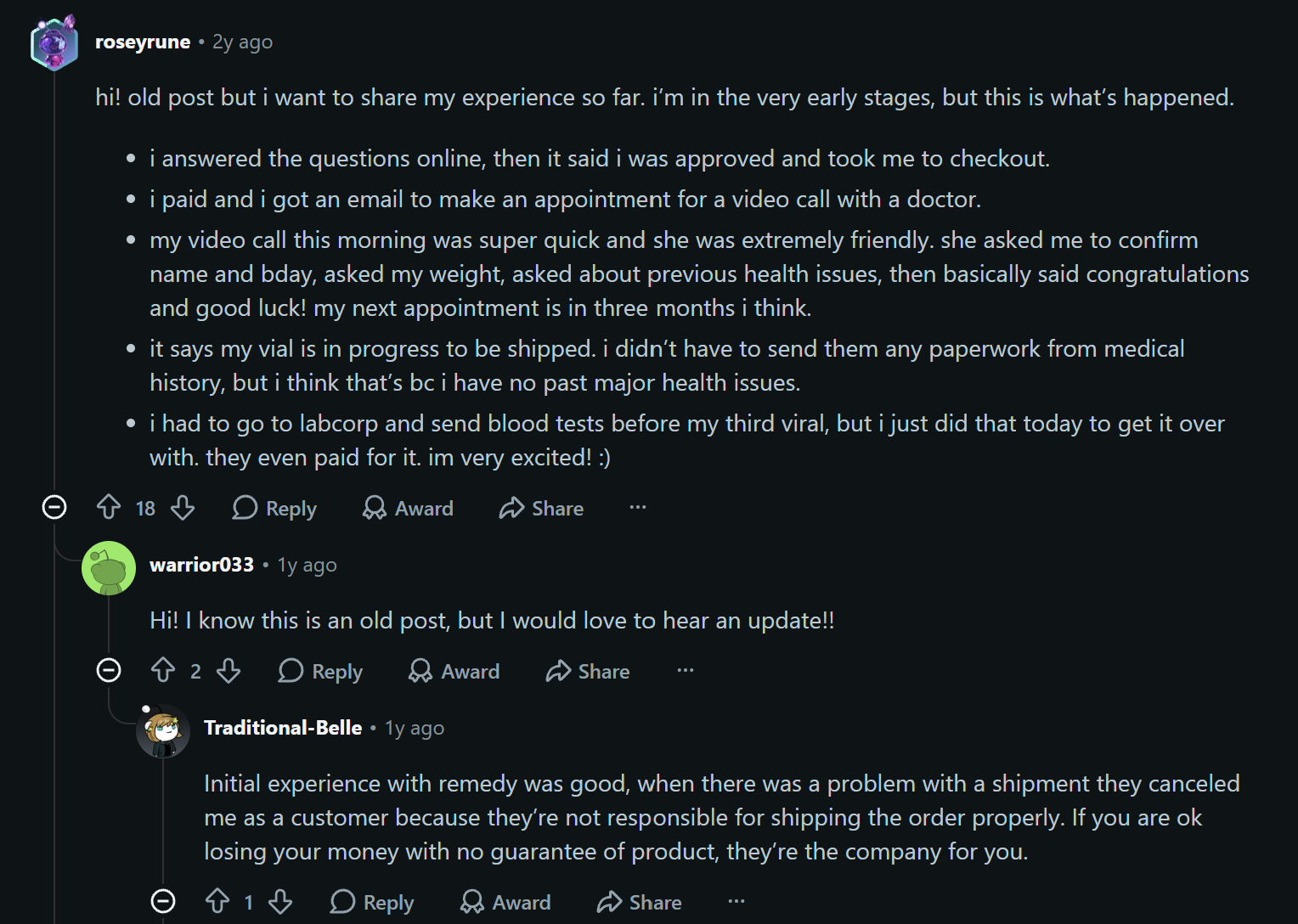 Reddit comment detailing early-stage experience with an online medical provider.