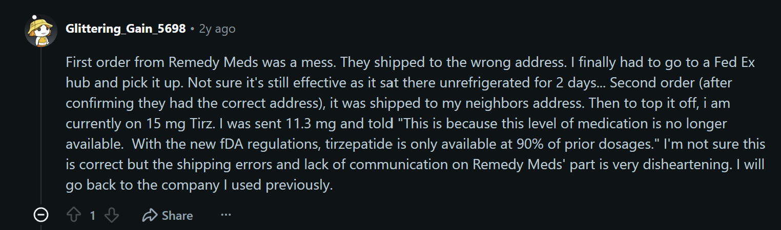 Reddit comment detailing shipping errors and incorrect dosages from Remedy Meds.