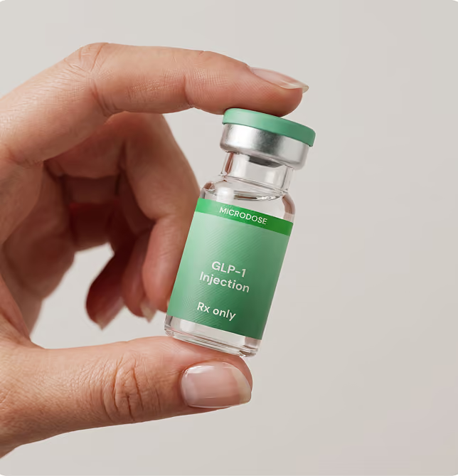 Ivy Rx Microdose GLP-1 injection vial labeled Rx only, highlighting a prescription weight management treatment that is FSA and HSA eligible.