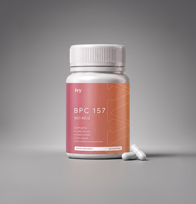 Ivy Rx BPC 157 500 MCG dietary supplement bottle with 60 capsules, formulated to support joint, tissue, and gut health.