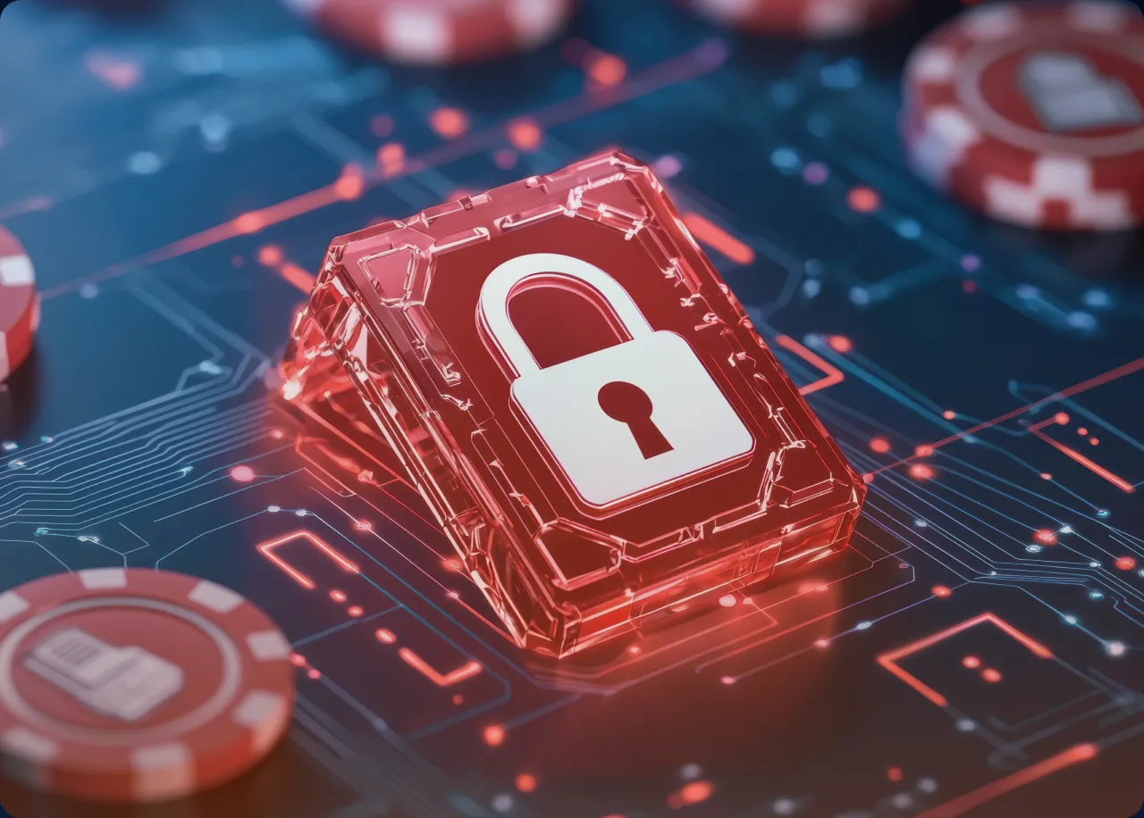 A red padlock sitting on top of a computer chip.