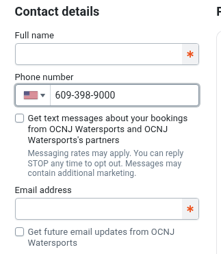 FareHarbor checkout showing the unchecked text message consent box