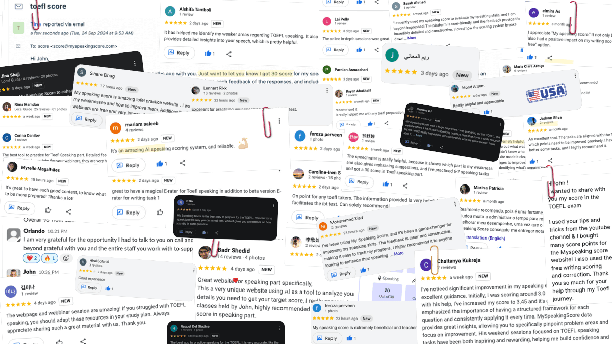 A collage of My Speaking Score testimonials