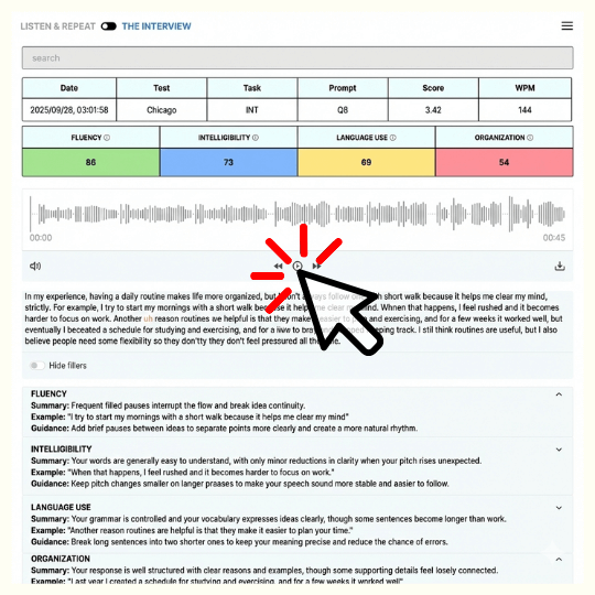 A woman starting a TOEFL Speaking test on My Speaking Score