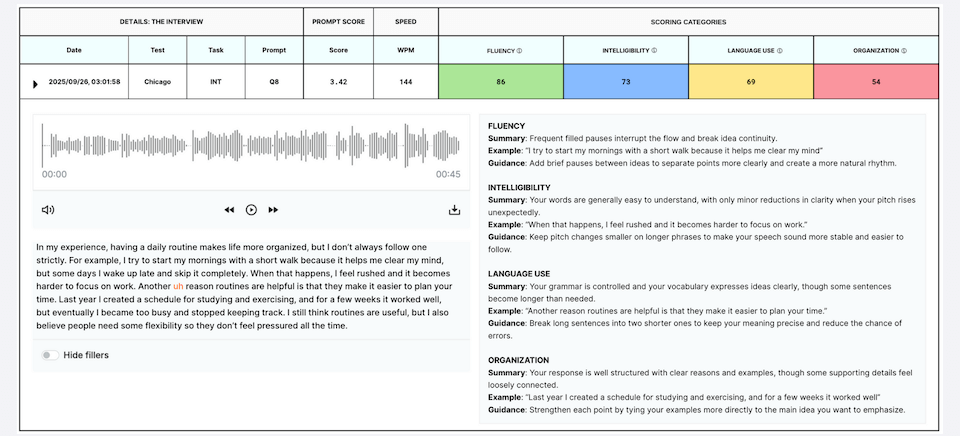 A TOEFL Speaking feedback page on My Speaking Score.