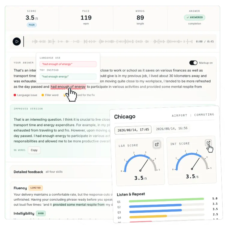 A scored TOEFL Speaking answer with prompt-level feedback and the attempt dashboard