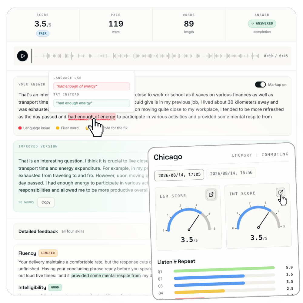 A scored TOEFL Speaking answer with prompt-level feedback and the attempt dashboard