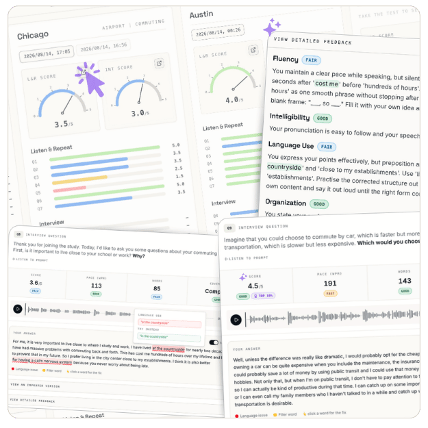A scored TOEFL Speaking answer with prompt-level feedback and the attempt dashboard