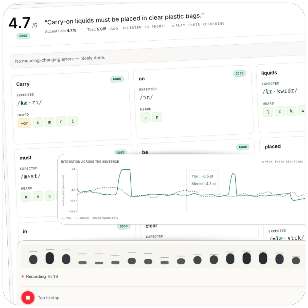 Accent Lab pronunciation feedback showing sound-by-sound analysis