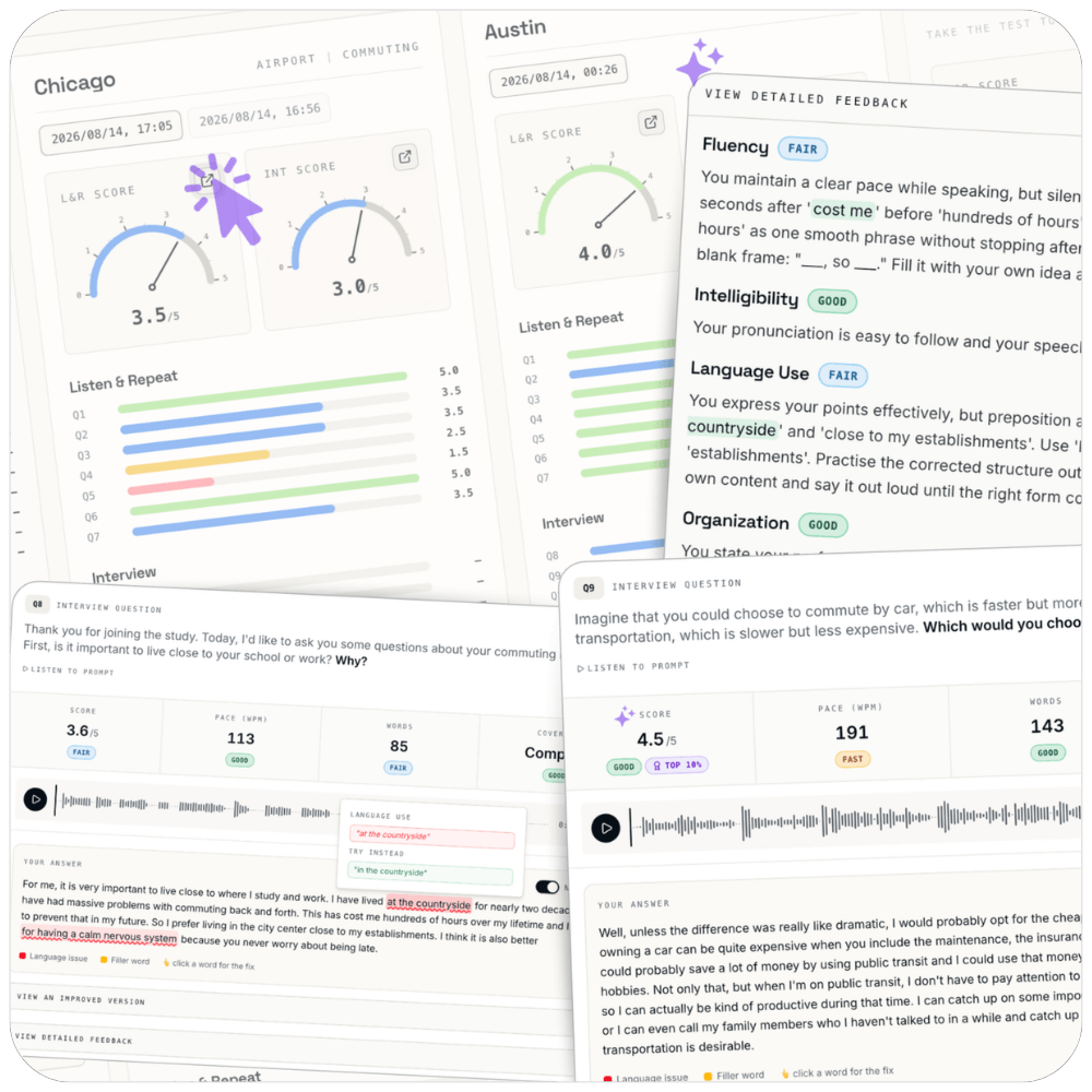A scored TOEFL Speaking answer with prompt-level feedback and the attempt dashboard