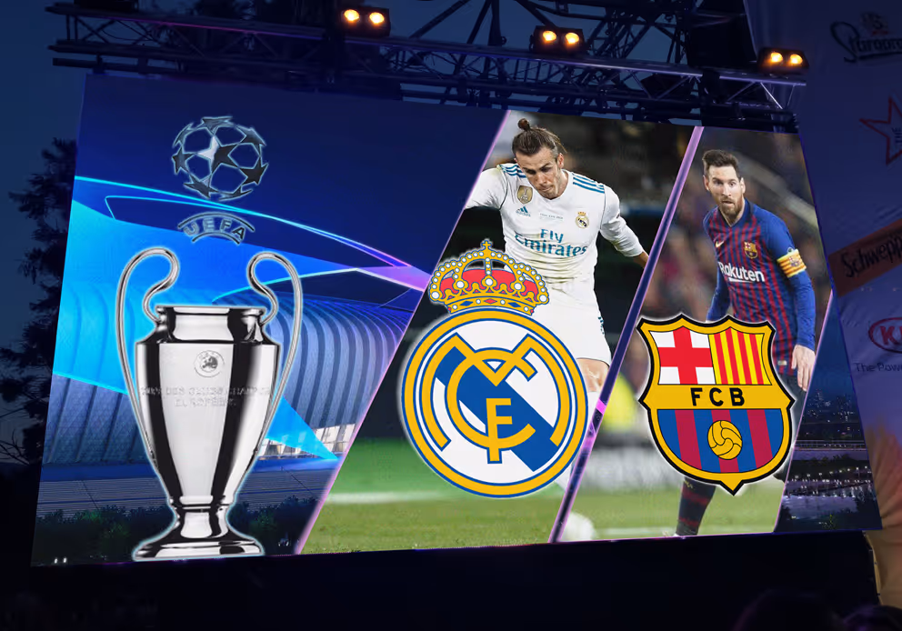 Video wall graphic: Real Madrid vs. Barcelona match with players and UEFA Cup.